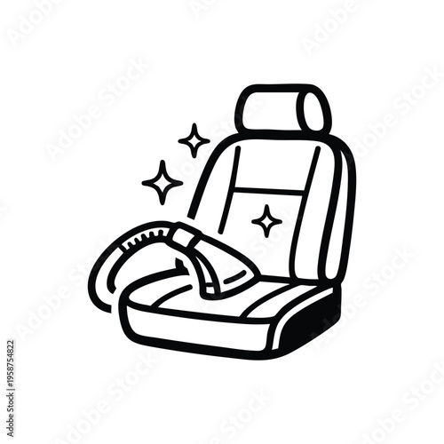 Car interior cleaning service icon black and white vector illustration of auto seat vacuum detailing and maintenance