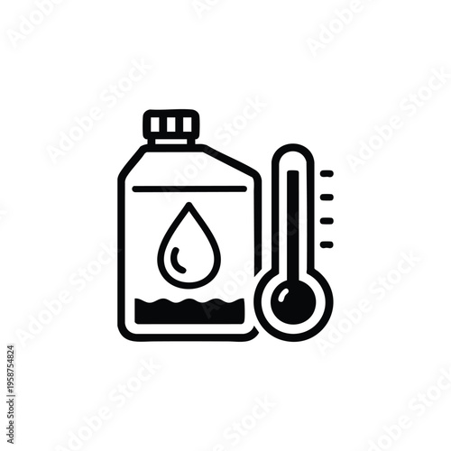 Black and white vector icon of car coolant bottle with thermometer for auto maintenance and engine temperature control