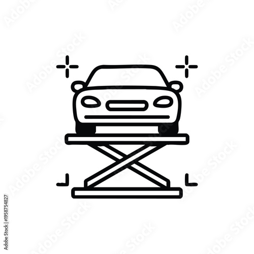 Black and white car on lift icon auto repair and vehicle maintenance service vector illustration