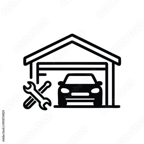 Black and white car service garage icon with wrench and screwdriver auto repair and maintenance vector illustration