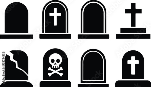 Varied designs of graveyard tombstones and crosses in black and white illustration
