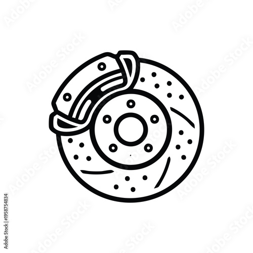 Black and white vector car brake disc and caliper icon for auto service and maintenance