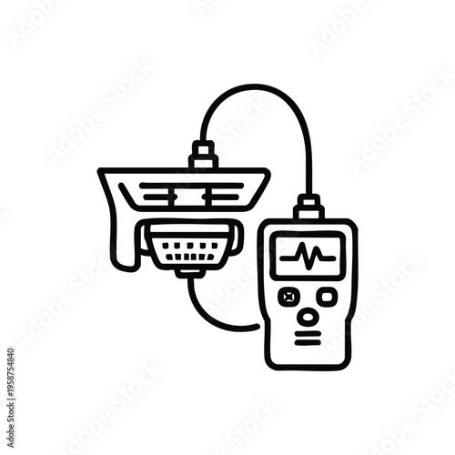 Black and white vector icon of car diagnostic scanner and engine testing equipment for auto maintenance and service