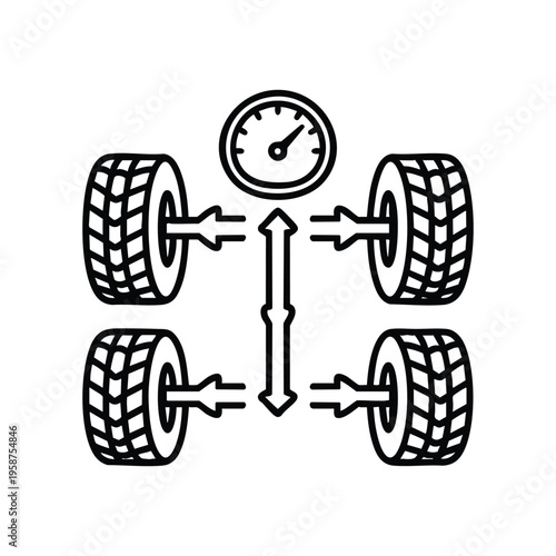 Black and white vector icon of car wheel alignment and tire pressure check for auto maintenance service