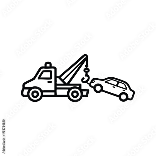 Tow truck towing car black and white vector icon for auto repair service and roadside assistance