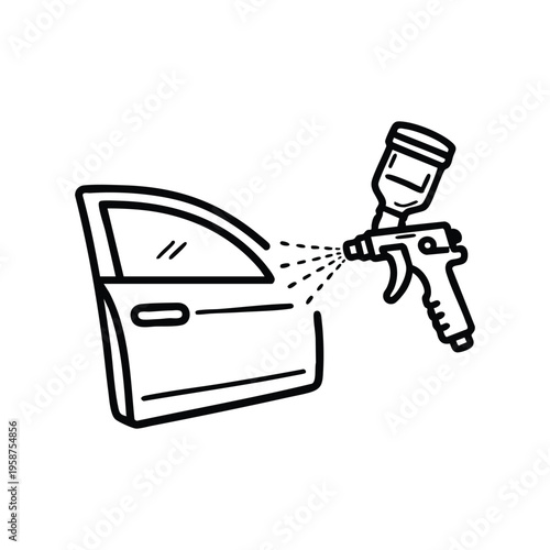 Black and white vector icon of auto body painting car door spray gun automotive service and repair illustration