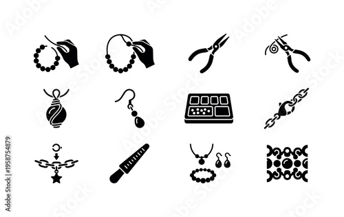 Jewelry making icons showcasing tools and crafting processes for handmade accessories