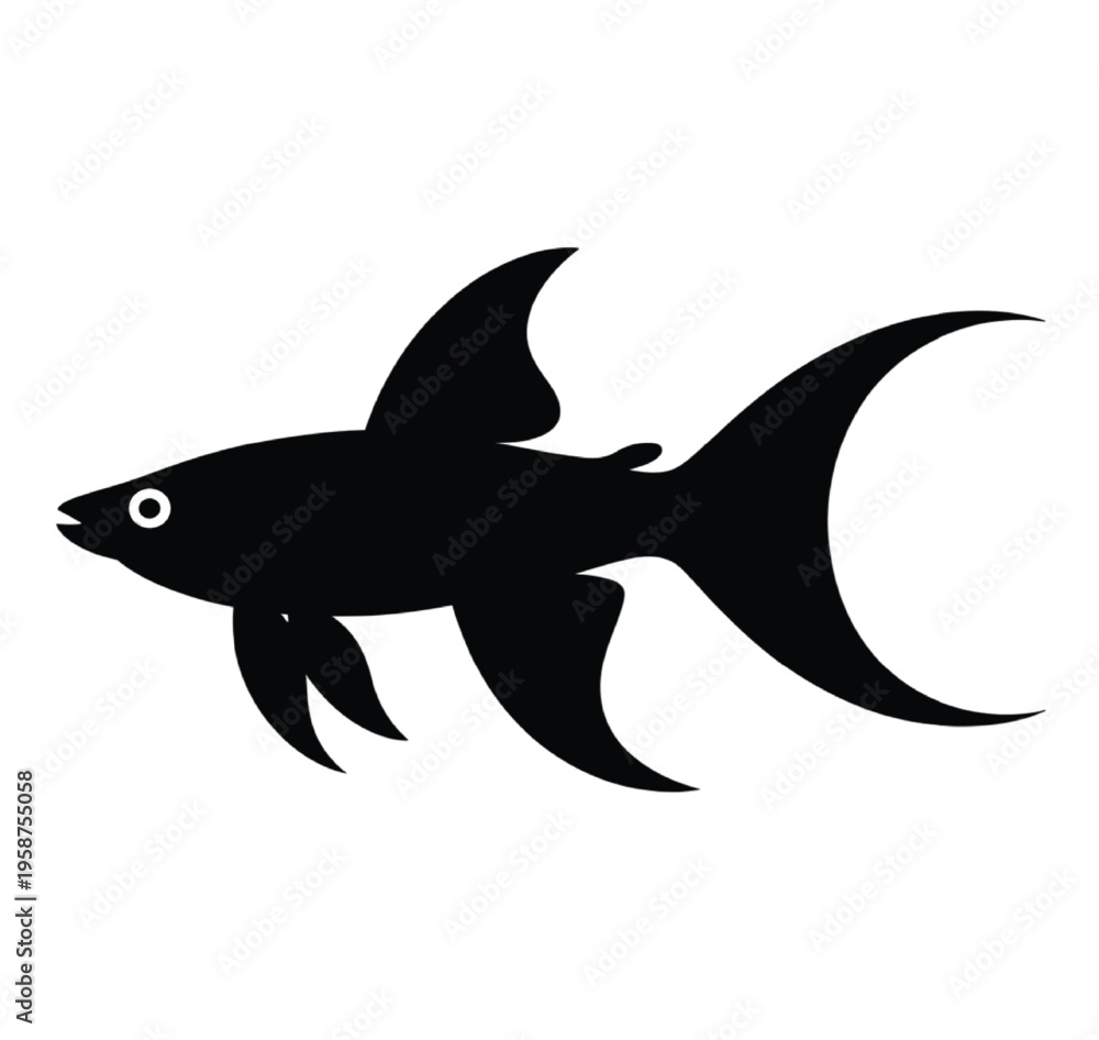 Fototapeta premium Black silhouette of a swordtail fish with flowing tail and fins vector illustration EPS PNG file