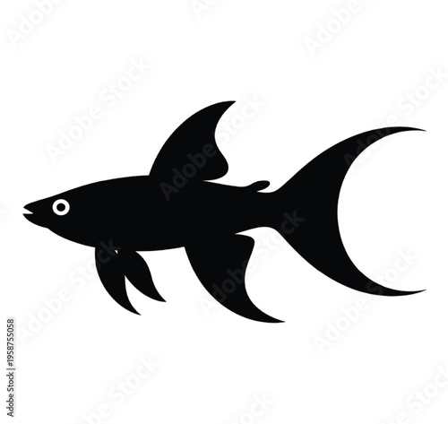 Black silhouette of a swordtail fish with flowing tail and fins vector illustration EPS PNG file