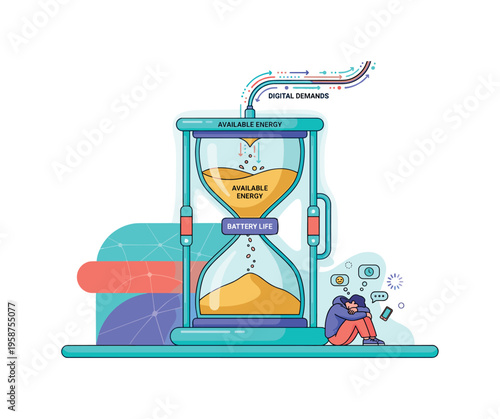 Battery life draining like an hourglass, symbolizing digital demands on energy