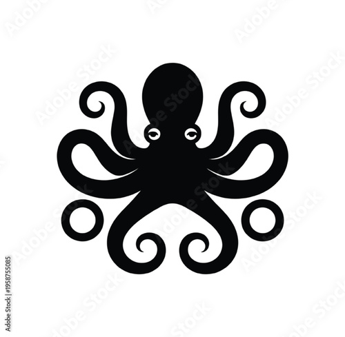 Black silhouette of an octopus with curled tentacles vector illustration EPS PNG file