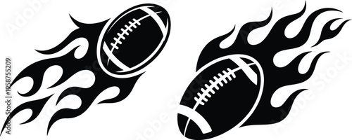 Dynamic footballs emerging from fiery trails in bold black and white design