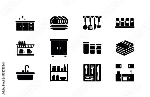 Collection of kitchen organization and storage icons for a clean and tidy home