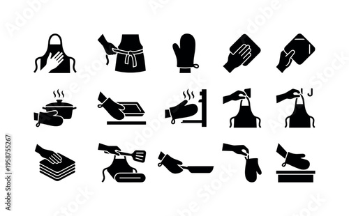 Kitchen textile icons showing safety and cleaning procedures for cooking