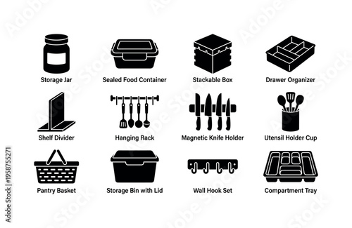 Collection of kitchen storage and organization solutions icons