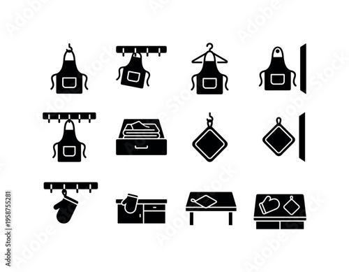 Collection of kitchen textile icons including aprons, oven mitts, and pot holders