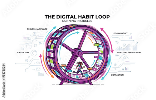 Digital habit loop illustration showing a person running on a hamster wheel of social media