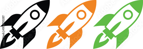 Three stylized rockets in black, orange, and green colors symbolizing progress or stages