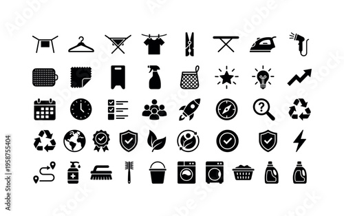 Collection of laundry and cleaning icons representing household chores and services