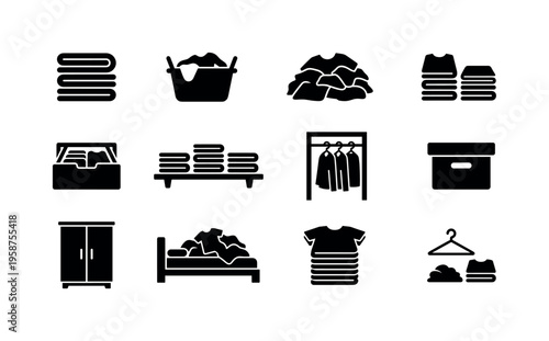 Collection of icons representing laundry and clothing organization concepts