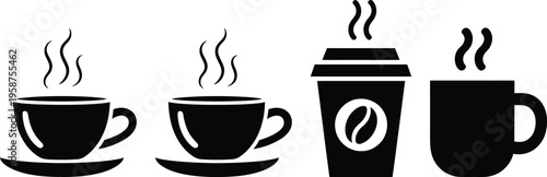 Four different styles of coffee cups with steam rising from them