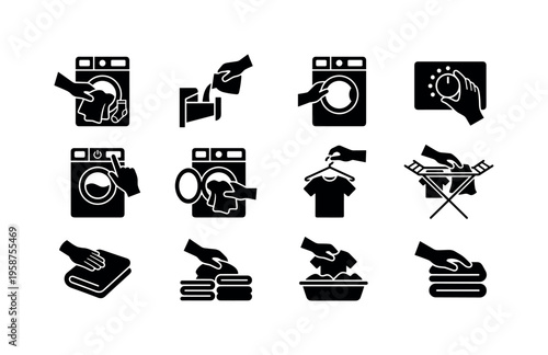 Collection of laundry care icons showing washing, drying, and folding clothes