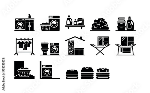 Collection of laundry room icons representing various household chores and appliances