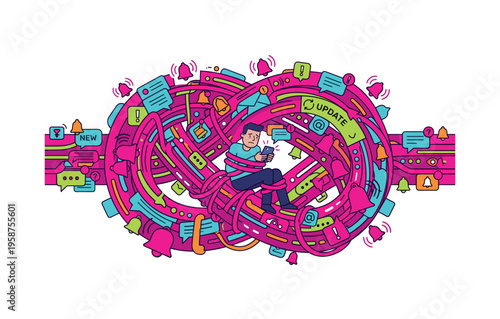 Man overwhelmed by constant digital notifications and social media updates