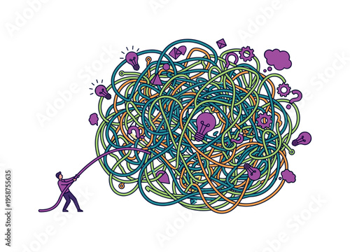 Man untangling a complex web of colorful circuit lines with lightbulbs and question marks