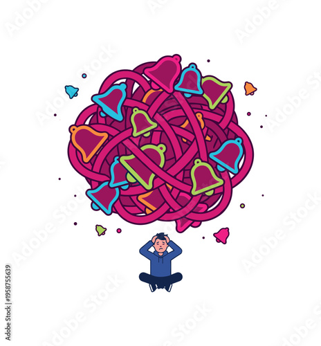 Overwhelmed person sitting under a chaotic tangle of notification bells