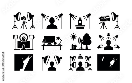 Collection of icons illustrating various professional lighting setups for photography and videography