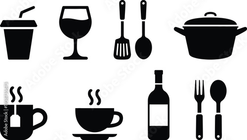 Collection of common kitchen and dining utensils and items