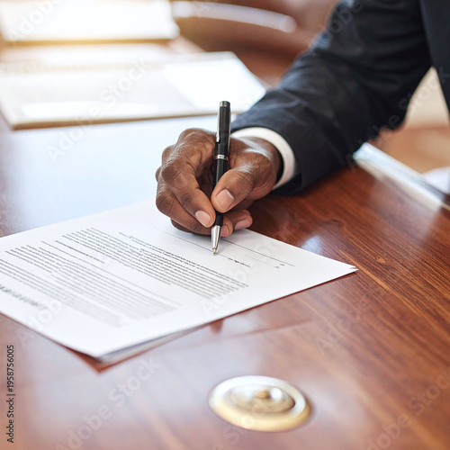 Professional businessman signing a formal legal contract on a wooden desk. Evokes themes of trust, authority, and success. Perfect for corporate, financial, or legal marketing materials.