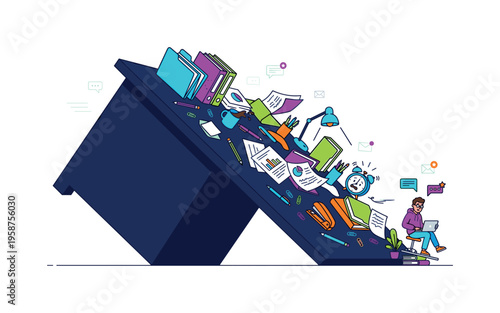 Desk overloaded with scattered papers and office supplies, symbolizing chaos