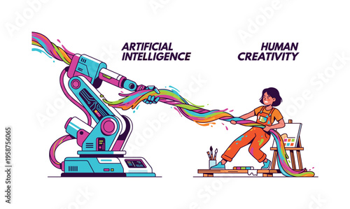 Robot arm and artist in tug-of-war over colorful paint stream