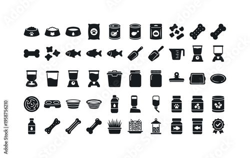 Collection of pet food and supply icons, including bowls, feeders, and treats