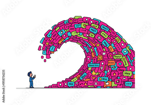 Man overwhelmed by a giant wave of social media messages and notifications