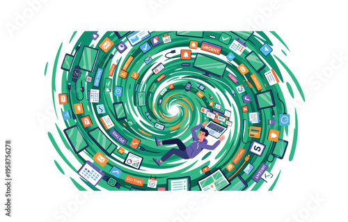 Overwhelmed person falling into digital vortex of notifications and tasks