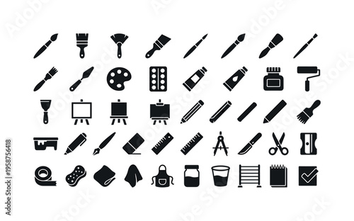 Collection of art and craft supplies icons for creative projects and hobbies