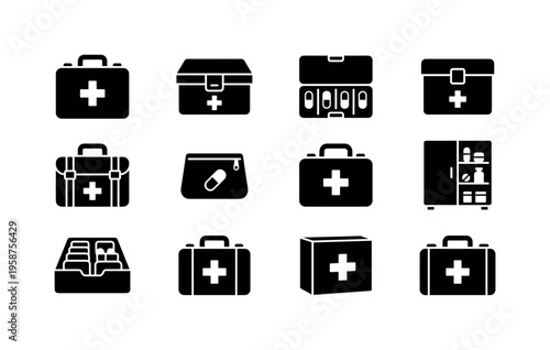 Collection of medical and first aid kit icons for health and emergency services