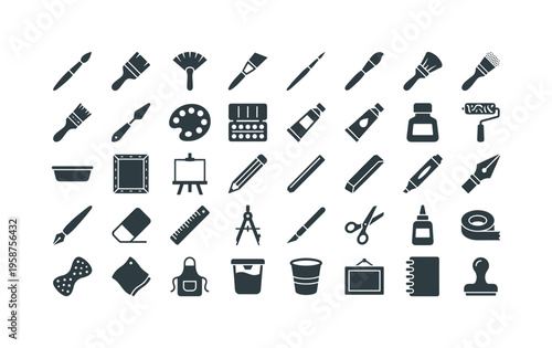 Collection of artistic tools and supplies for drawing and painting