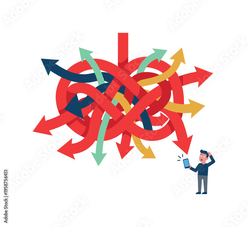 Man confused by tangled arrows and smartphone, symbolizing difficult choices