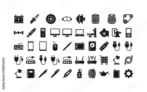 Collection of automotive and electronic device icons for repair and maintenance