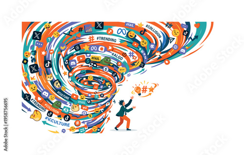 Man overwhelmed by social media trends and viral content storm