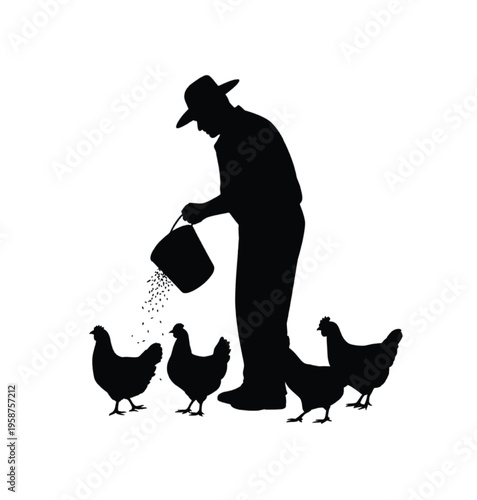 Black silhouette of farmer feeding chickens with bucket vector illustration EPS PNG file