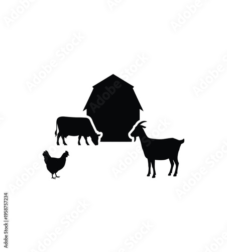 Black silhouette of farm animals and barn goat vector illustration EPS PNG file