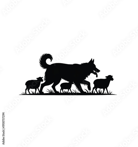 Black silhouette of a dog herding two sheep on grass vector illustration EPS PNG file