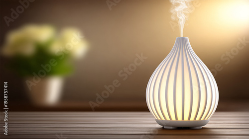 Modern essential oil diffuser emitting steam on wooden table  
