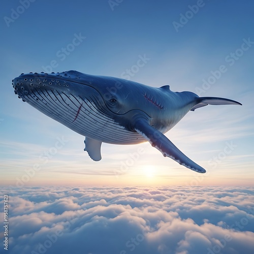 Whale soaring above clouds at sunset, a surreal dreamlike scene.