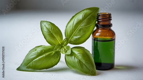Basil leaves and green essential oil in a brown glass bottle on white background natural herbal medicine concept